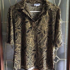 Vintage 90s Brown & Gold Psychedelic Pattern Collared Stretchy Shirt Size 1X